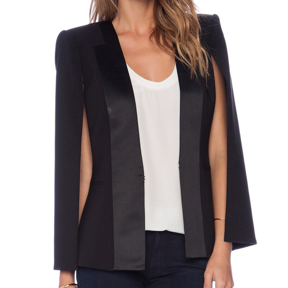 BCBGMAXAZRIA Blazer Jacket Women Size M Satin Detail Cape Black Unique Design - Picture 1 of 6